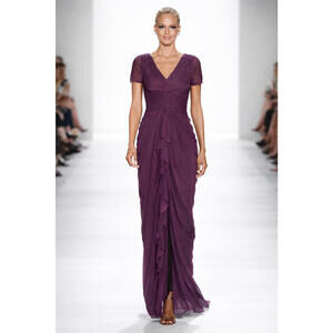 Elegant Plum Ruched Evening Gown Floor-Length Formal Soft Draping sz 6 Sleeves